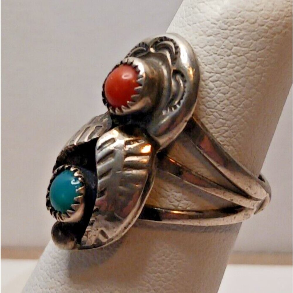 Native American Vintage Navajo Turquoise Coral Ring M Davis s 4 (1445)